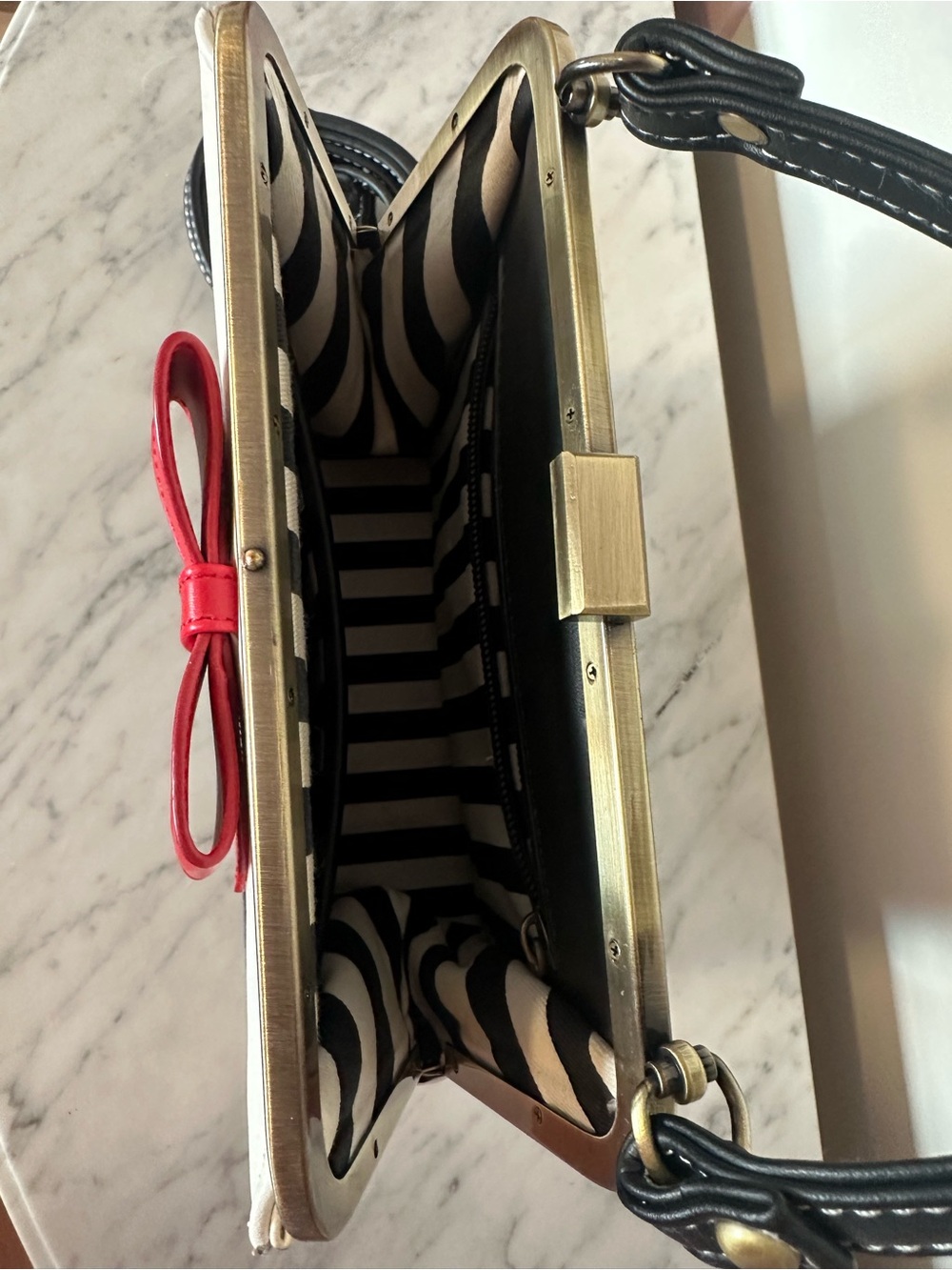 Top-Handle Crossbody Satchel with Red Bow Accent - White & Black - Picture 3 of 4